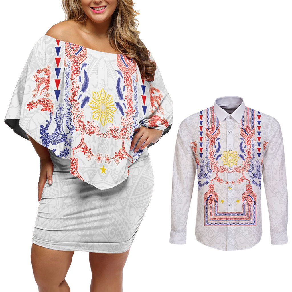 Philippines Barong Style Couples Matching Off Shoulder Short Dress and Long Sleeve Button Shirt Polynesian Kakau Art Tattoos with Tribal Filipino Sun