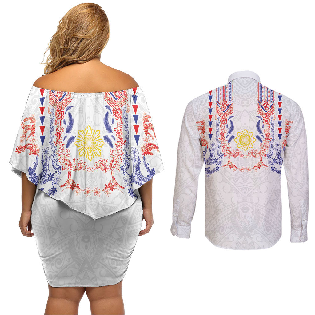 Philippines Barong Style Couples Matching Off Shoulder Short Dress and Long Sleeve Button Shirt Polynesian Kakau Art Tattoos with Tribal Filipino Sun