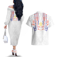 Philippines Barong Style Couples Matching Off The Shoulder Long Sleeve Dress and Hawaiian Shirt Polynesian Kakau Art Tattoos with Tribal Filipino Sun
