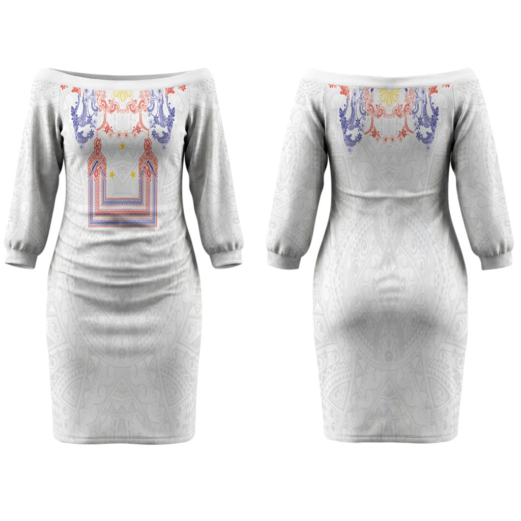 Philippines Barong Style Couples Matching Off The Shoulder Long Sleeve Dress and Hawaiian Shirt Polynesian Kakau Art Tattoos with Tribal Filipino Sun LT03 - Polynesian Pride
