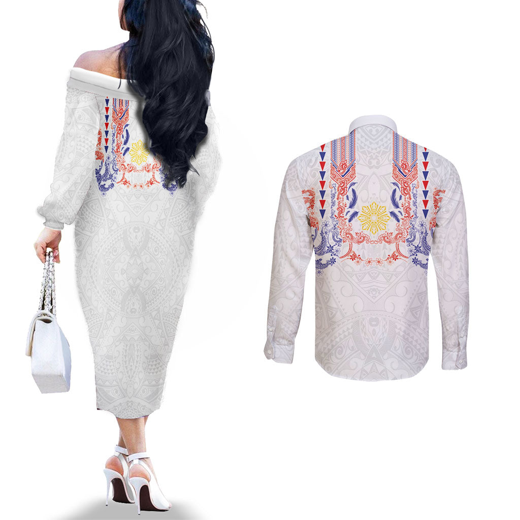 Philippines Barong Style Couples Matching Off The Shoulder Long Sleeve Dress and Long Sleeve Button Shirt Polynesian Kakau Art Tattoos with Tribal Filipino Sun