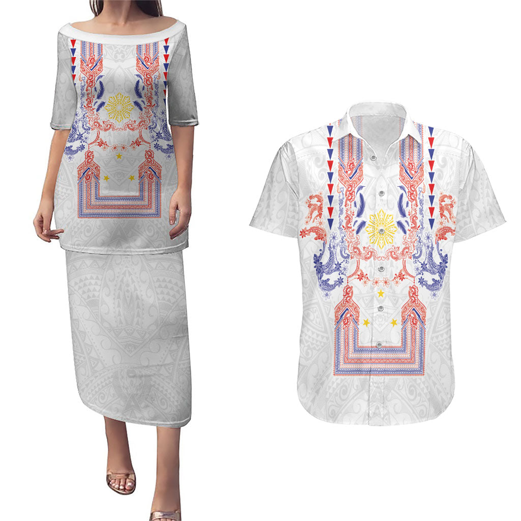 Philippines Barong Style Couples Matching Puletasi and Hawaiian Shirt Polynesian Kakau Art Tattoos with Tribal Filipino Sun