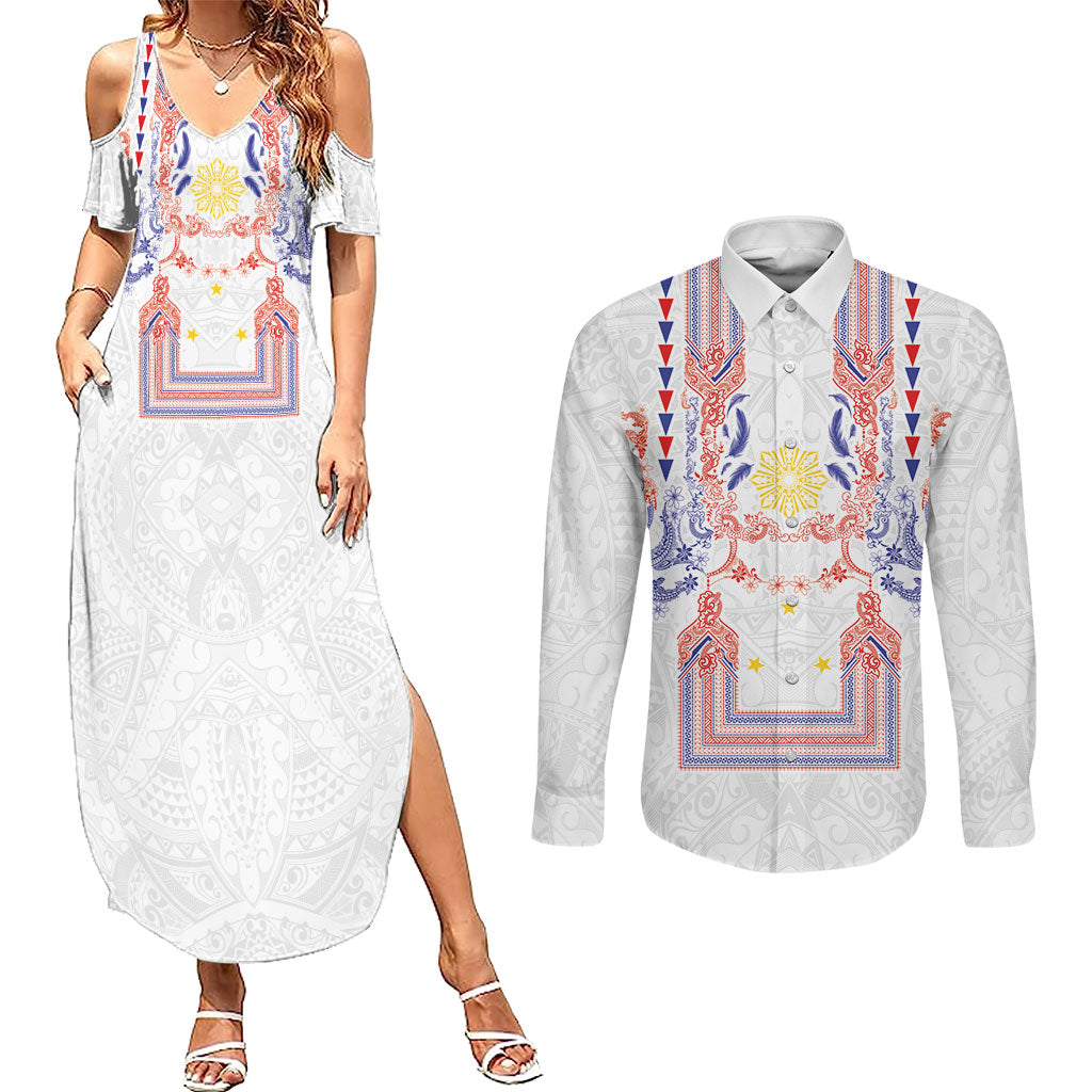 Philippines Barong Style Couples Matching Summer Maxi Dress and Long Sleeve Button Shirt Polynesian Kakau Art Tattoos with Tribal Filipino Sun
