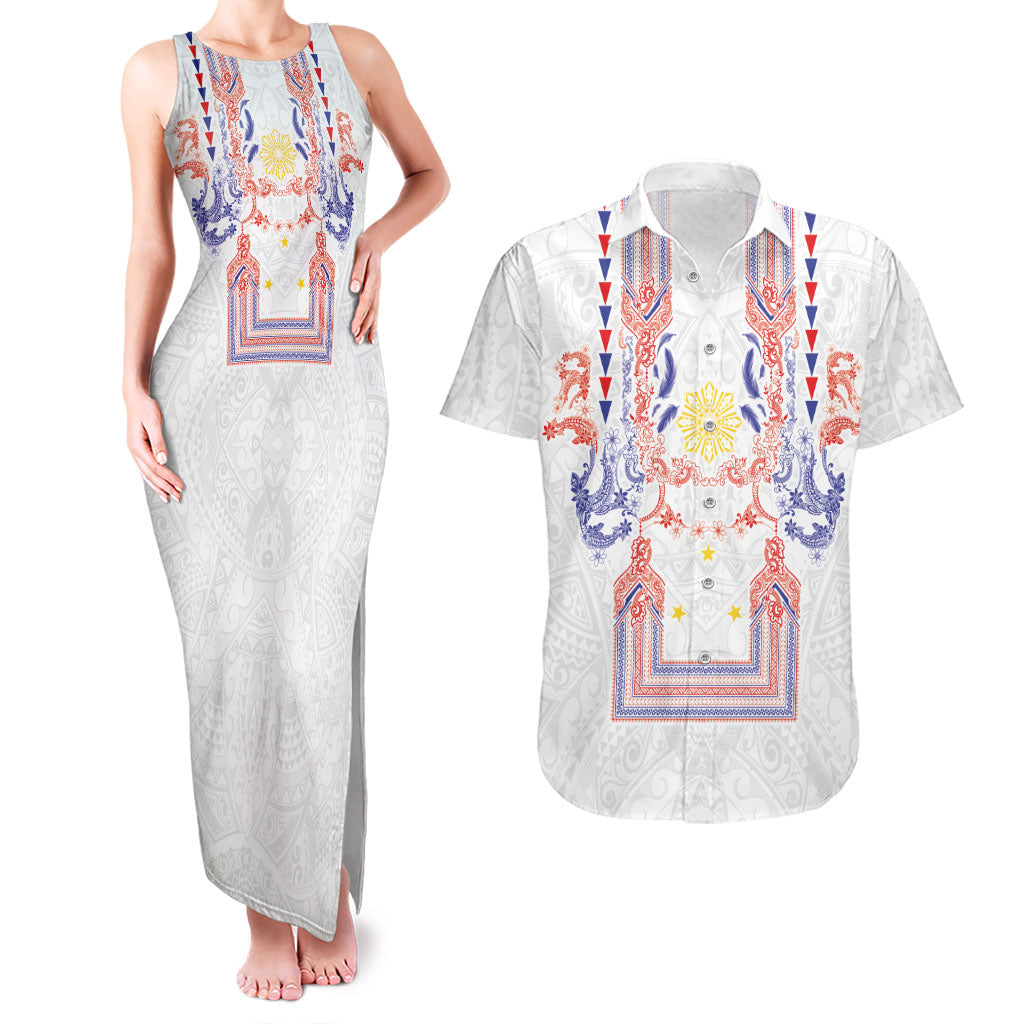 Philippines Barong Style Couples Matching Tank Maxi Dress and Hawaiian Shirt Polynesian Kakau Art Tattoos with Tribal Filipino Sun