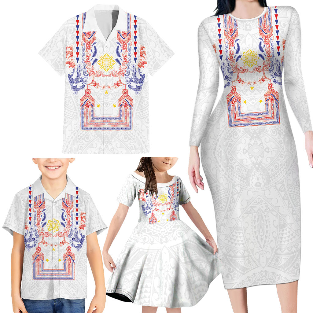 Philippines Barong Style Family Matching Long Sleeve Bodycon Dress and Hawaiian Shirt Polynesian Kakau Art Tattoos with Tribal Filipino Sun LT03 - Polynesian Pride