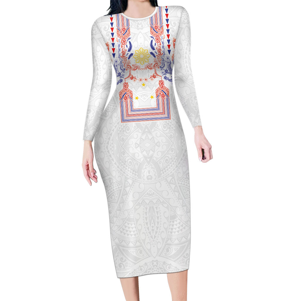 Philippines Barong Style Family Matching Long Sleeve Bodycon Dress and Hawaiian Shirt Polynesian Kakau Art Tattoos with Tribal Filipino Sun