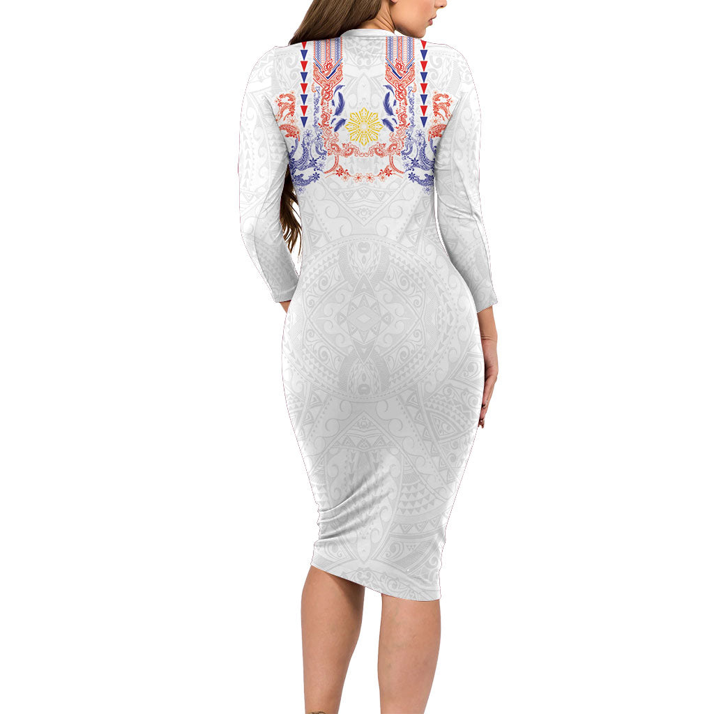 Philippines Barong Style Family Matching Long Sleeve Bodycon Dress and Hawaiian Shirt Polynesian Kakau Art Tattoos with Tribal Filipino Sun