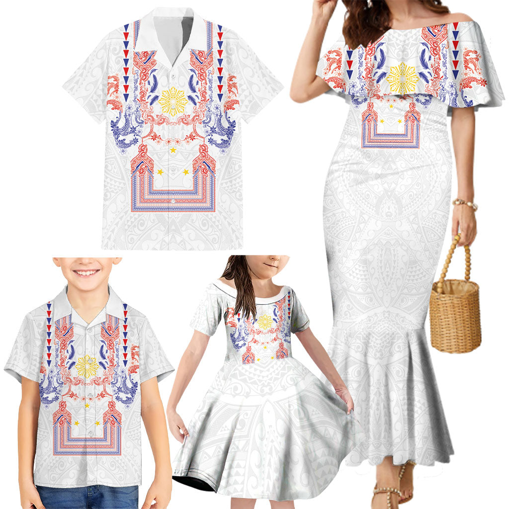 Philippines Barong Style Family Matching Mermaid Dress and Hawaiian Shirt Polynesian Kakau Art Tattoos with Tribal Filipino Sun
