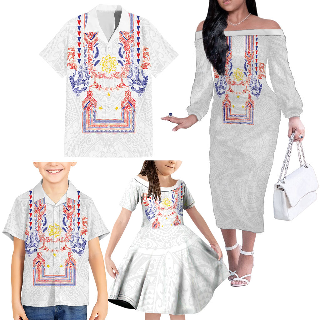 Philippines Barong Style Family Matching Off The Shoulder Long Sleeve Dress and Hawaiian Shirt Polynesian Kakau Art Tattoos with Tribal Filipino Sun