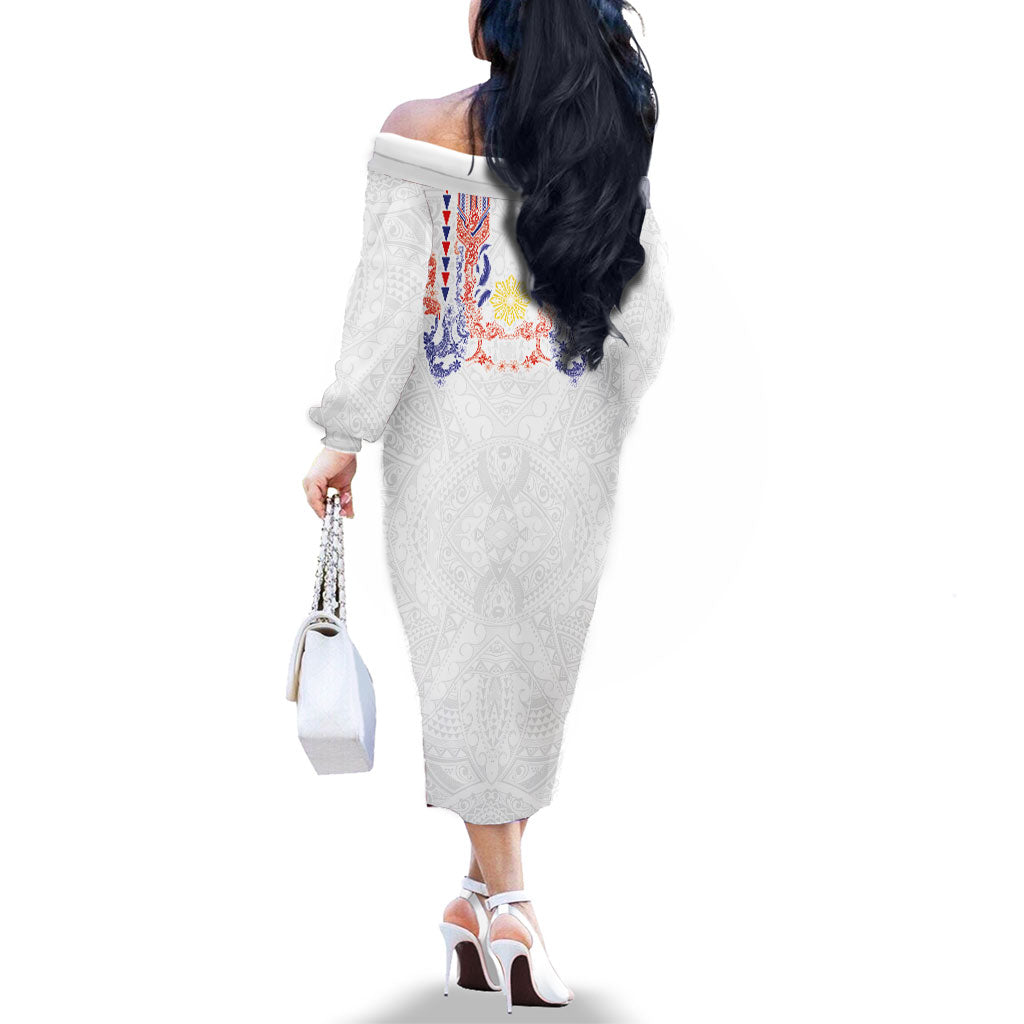 Philippines Barong Style Family Matching Off The Shoulder Long Sleeve Dress and Hawaiian Shirt Polynesian Kakau Art Tattoos with Tribal Filipino Sun