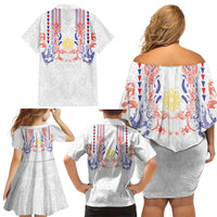 Philippines Barong Style Family Matching Off Shoulder Short Dress and Hawaiian Shirt Polynesian Kakau Art Tattoos with Tribal Filipino Sun