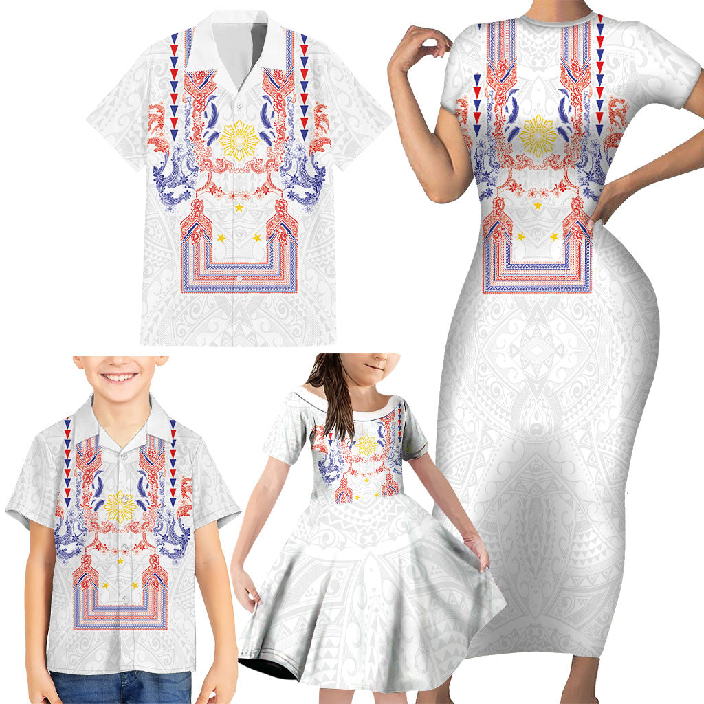 Philippines Barong Style Family Matching Short Sleeve Bodycon Dress and Hawaiian Shirt Polynesian Kakau Art Tattoos with Tribal Filipino Sun