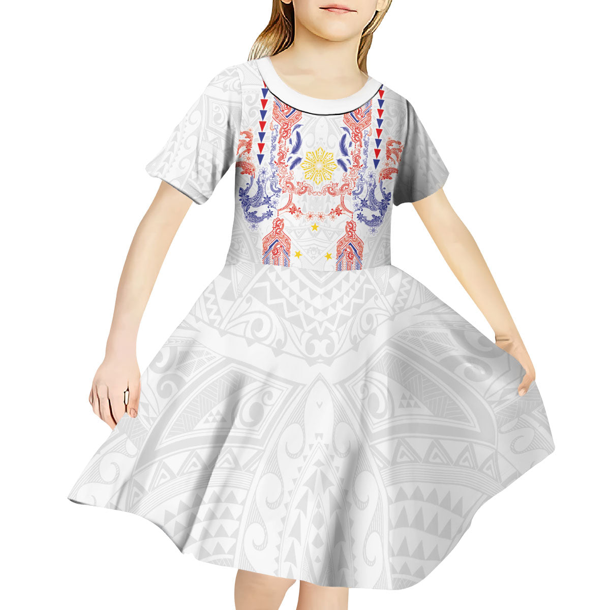 Philippines Barong Style Kid Short Sleeve Dress Polynesian Kakau Art Tattoos with Tribal Filipino Sun