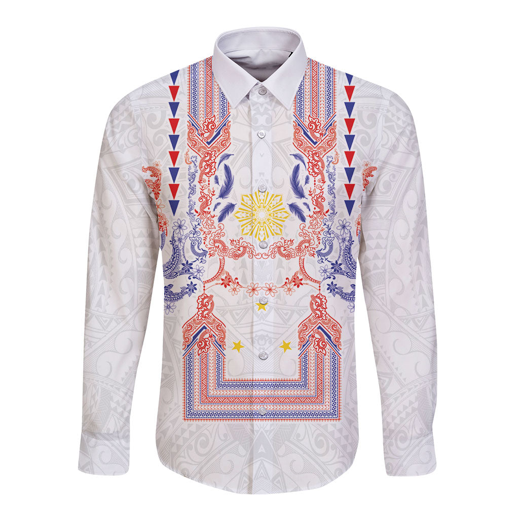 Philippines Barong Style Long Sleeve Button Shirt Polynesian Kakau Art Tattoos with Tribal Filipino Sun