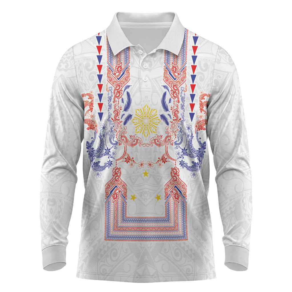 Philippines Barong Style Long Sleeve Polo Shirt Polynesian Kakau Art Tattoos with Tribal Filipino Sun