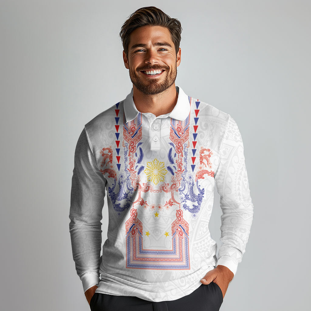 Philippines Barong Style Long Sleeve Polo Shirt Polynesian Kakau Art Tattoos with Tribal Filipino Sun