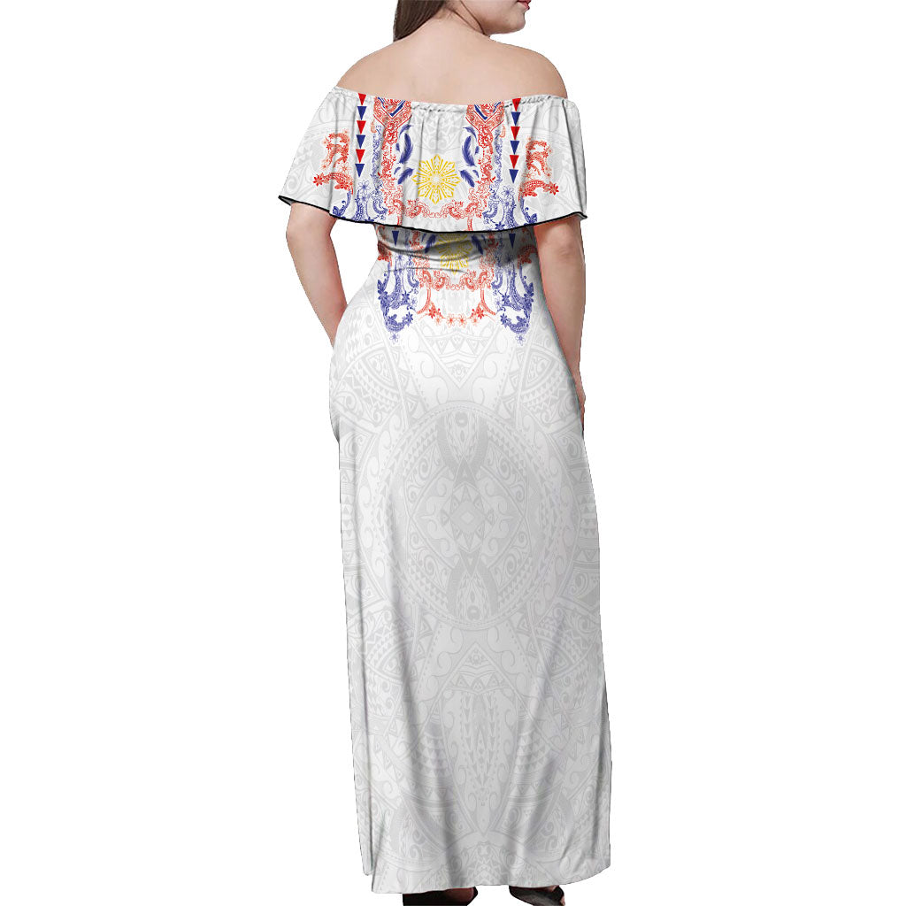 Philippines Barong Style Off Shoulder Maxi Dress Polynesian Kakau Art Tattoos with Tribal Filipino Sun
