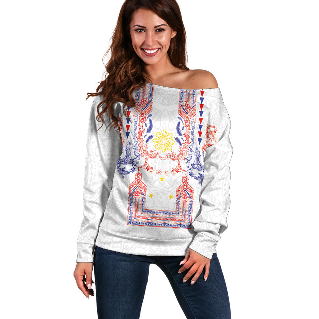 Philippines Barong Style Off Shoulder Sweater Polynesian Kakau Art Tattoos with Tribal Filipino Sun LT03 Women White - Polynesian Pride