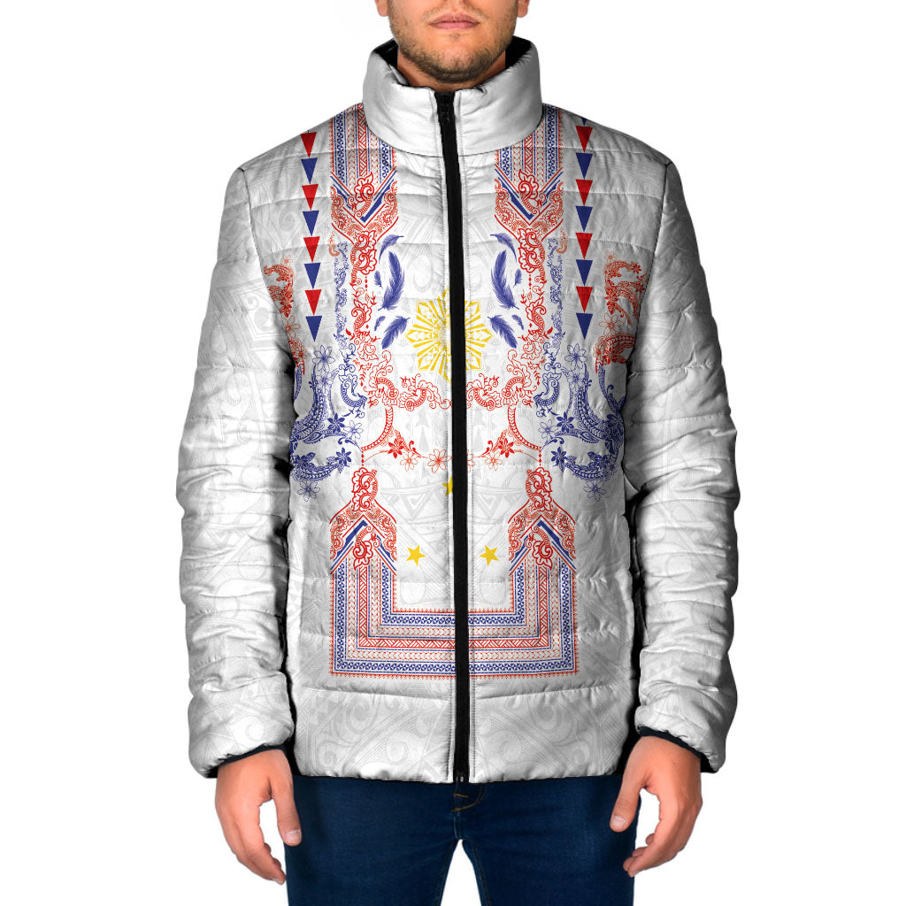 Philippines Barong Style Padded Jacket Polynesian Kakau Art Tattoos with Tribal Filipino Sun LT03 Men White - Polynesian Pride