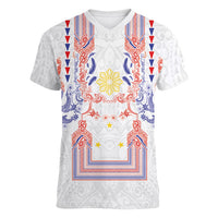 Philippines Barong Style Women V-Neck T-Shirt Polynesian Kakau Art Tattoos with Tribal Filipino Sun