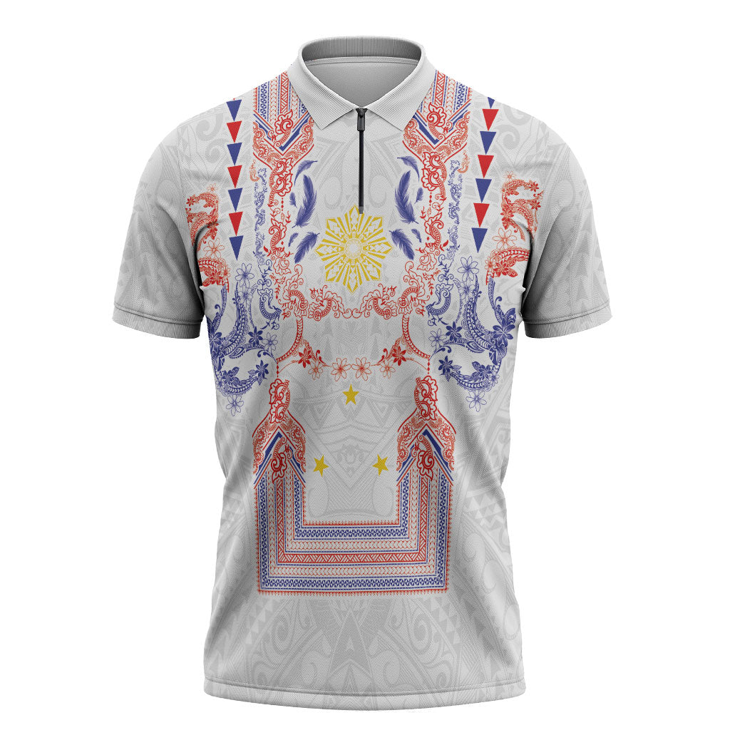 Philippines Barong Style Zipper Polo Shirt Polynesian Kakau Art Tattoos with Tribal Filipino Sun