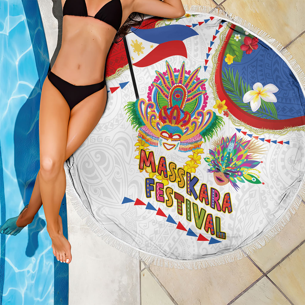 Philippines MassKara Festival Beach Blanket Smile Masks with Hawaiian Art Pattern and Tropical Plants