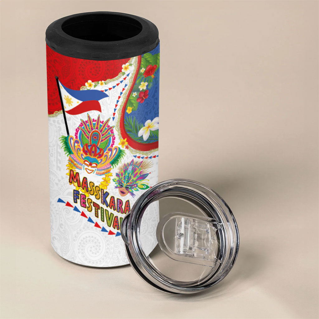 Philippines MassKara Festival 4 in 1 Can Cooler Tumbler Smile Masks with Hawaiian Art Pattern and Tropical Plants
