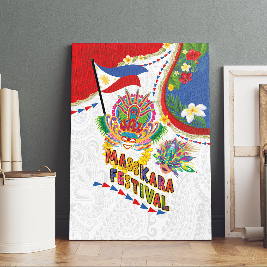 Philippines MassKara Festival Canvas Wall Art Smile Masks with Hawaiian Art Pattern and Tropical Plants