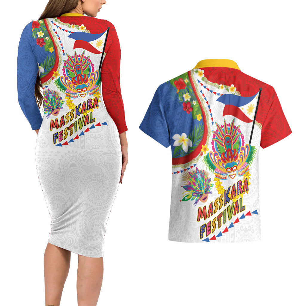 Philippines MassKara Festival Couples Matching Long Sleeve Bodycon Dress and Hawaiian Shirt Smile Masks with Hawaiian Art Pattern and Tropical Plants
