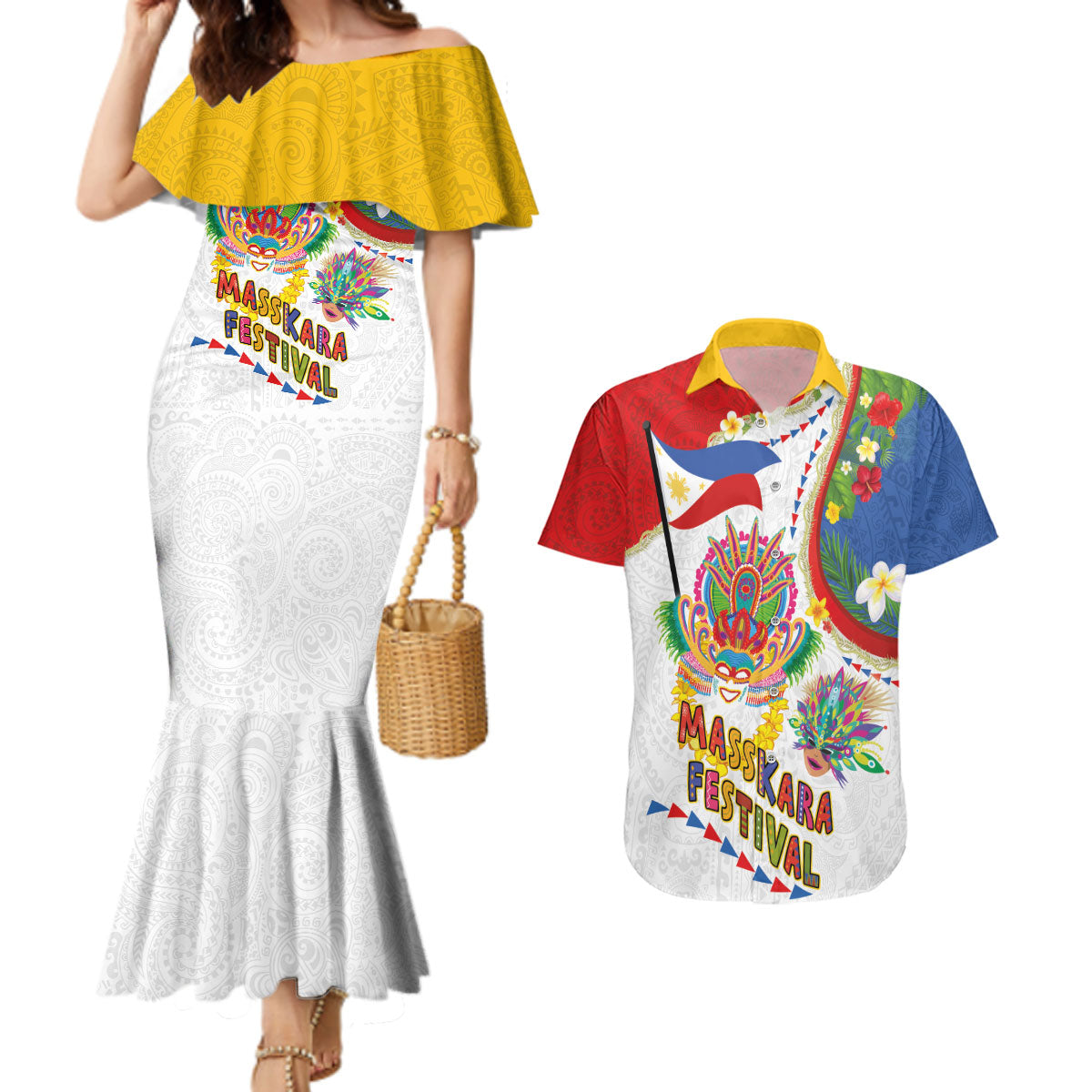 Philippines MassKara Festival Couples Matching Mermaid Dress and Hawaiian Shirt Smile Masks with Hawaiian Art Pattern and Tropical Plants