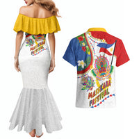 Philippines MassKara Festival Couples Matching Mermaid Dress and Hawaiian Shirt Smile Masks with Hawaiian Art Pattern and Tropical Plants
