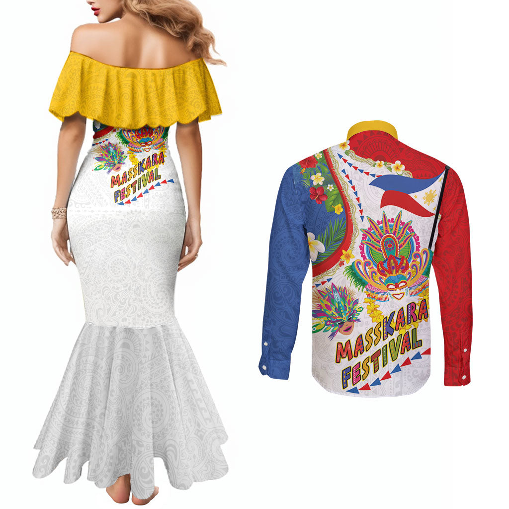 Philippines MassKara Festival Couples Matching Mermaid Dress and Long Sleeve Button Shirt Smile Masks with Hawaiian Art Pattern and Tropical Plants