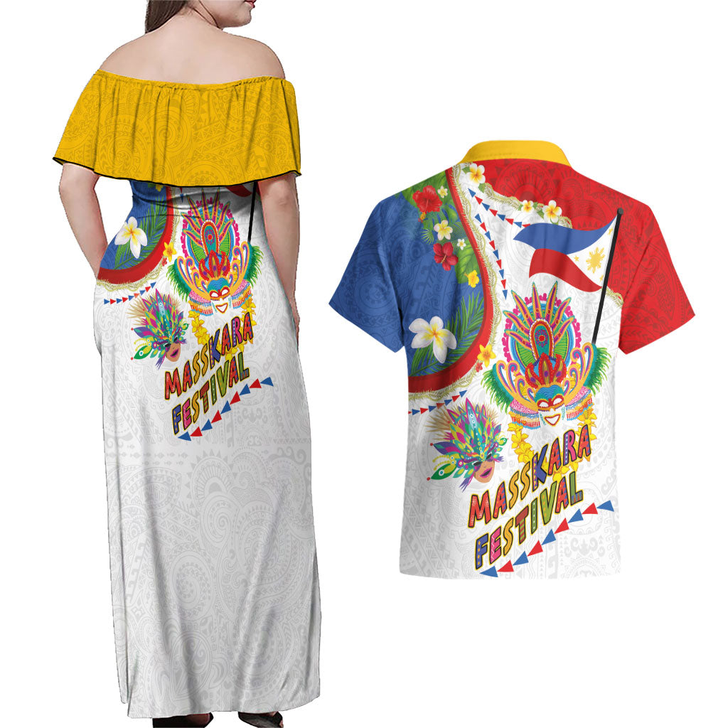 Philippines MassKara Festival Couples Matching Off Shoulder Maxi Dress and Hawaiian Shirt Smile Masks with Hawaiian Art Pattern and Tropical Plants