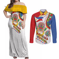 Philippines MassKara Festival Couples Matching Off Shoulder Maxi Dress and Long Sleeve Button Shirt Smile Masks with Hawaiian Art Pattern and Tropical Plants