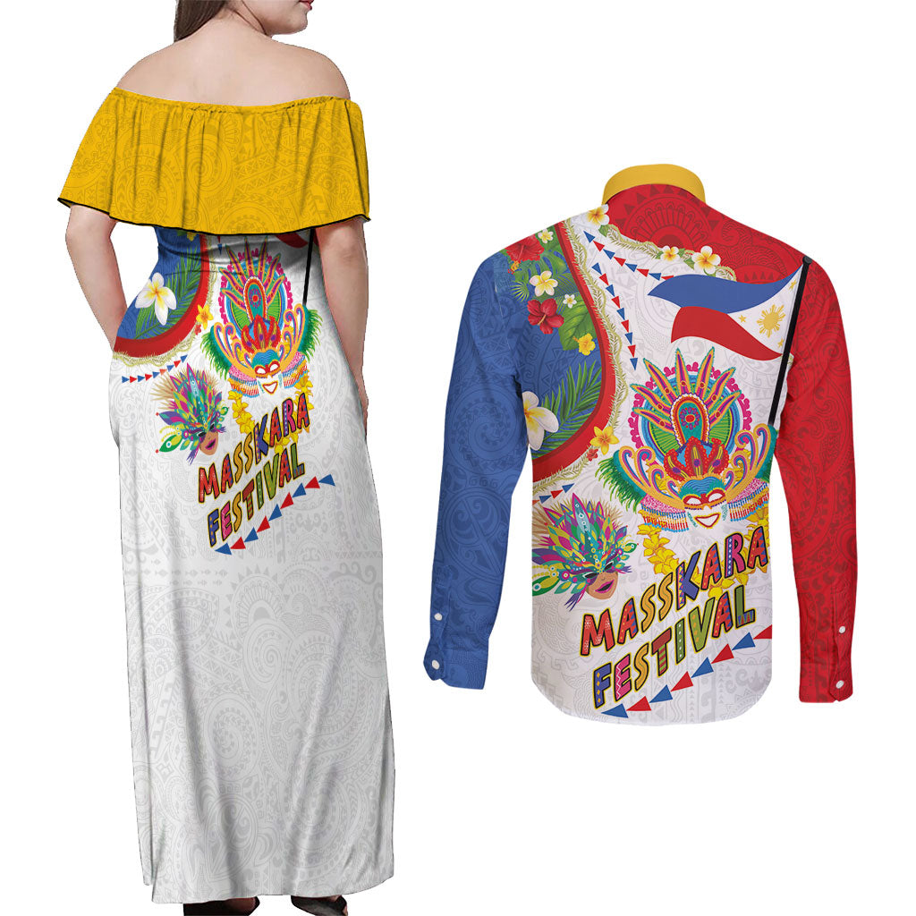 Philippines MassKara Festival Couples Matching Off Shoulder Maxi Dress and Long Sleeve Button Shirt Smile Masks with Hawaiian Art Pattern and Tropical Plants