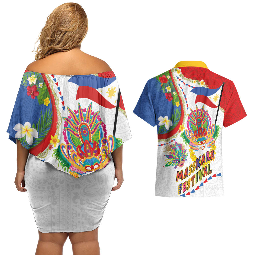 Philippines MassKara Festival Couples Matching Off Shoulder Short Dress and Hawaiian Shirt Smile Masks with Hawaiian Art Pattern and Tropical Plants