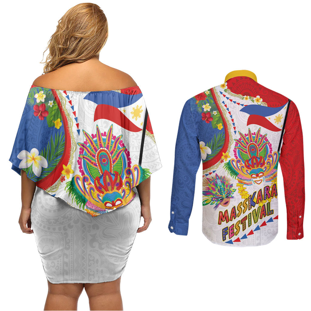 Philippines MassKara Festival Couples Matching Off Shoulder Short Dress and Long Sleeve Button Shirt Smile Masks with Hawaiian Art Pattern and Tropical Plants