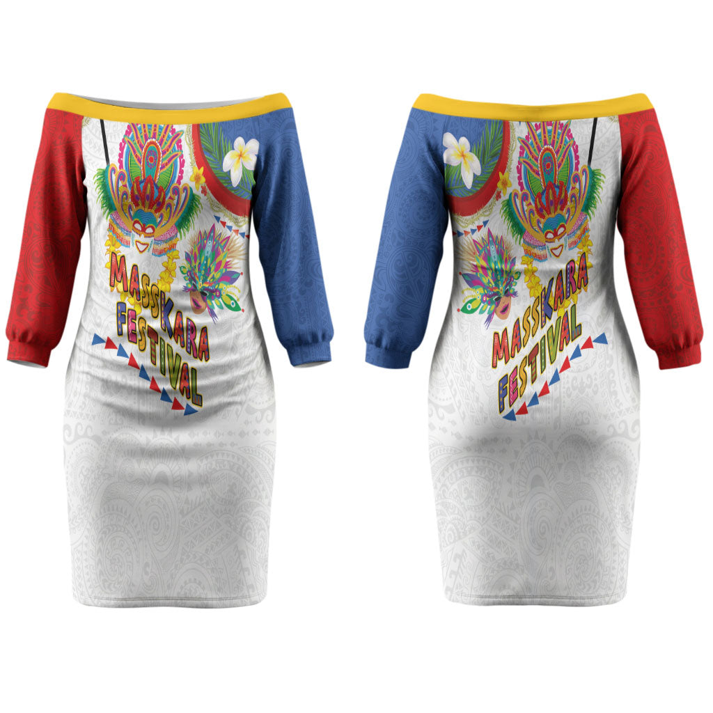 Philippines MassKara Festival Couples Matching Off The Shoulder Long Sleeve Dress and Hawaiian Shirt Smile Masks with Hawaiian Art Pattern and Tropical Plants LT03 - Polynesian Pride