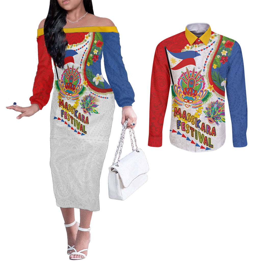 Philippines MassKara Festival Couples Matching Off The Shoulder Long Sleeve Dress and Long Sleeve Button Shirt Smile Masks with Hawaiian Art Pattern and Tropical Plants