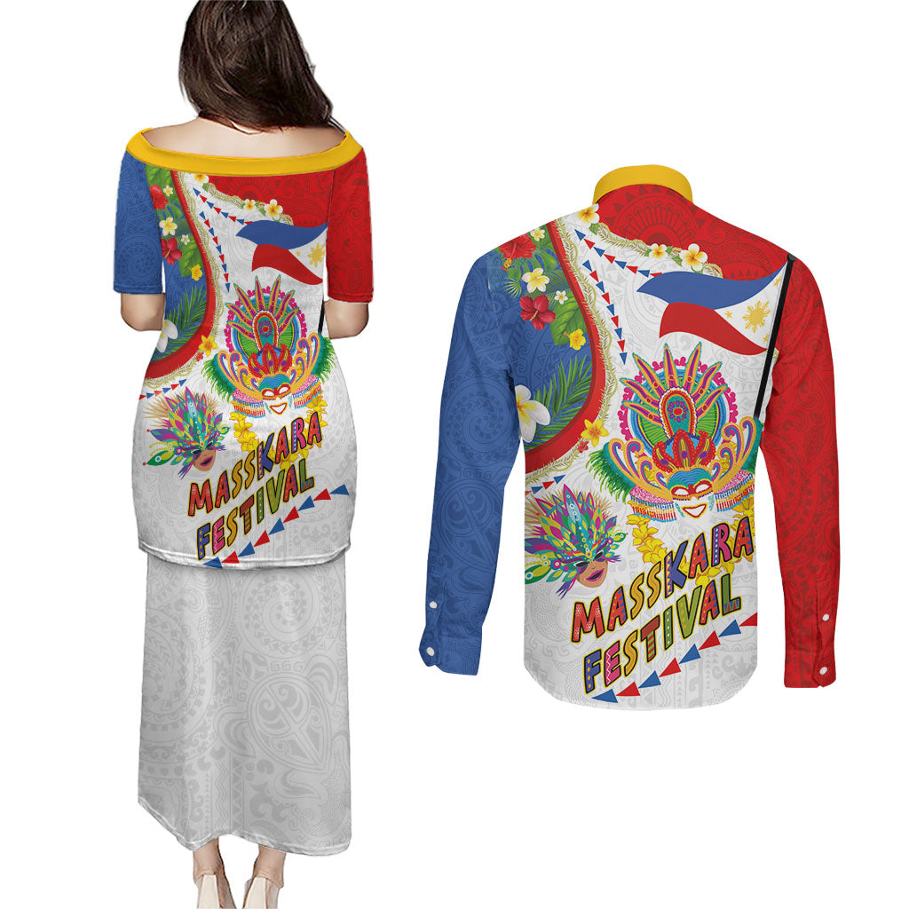 Philippines MassKara Festival Couples Matching Puletasi and Long Sleeve Button Shirt Smile Masks with Hawaiian Art Pattern and Tropical Plants