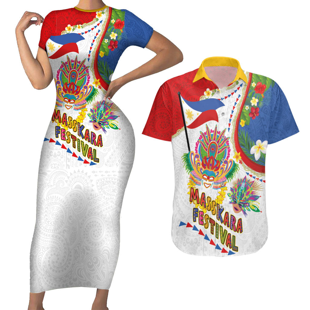 Philippines MassKara Festival Couples Matching Short Sleeve Bodycon Dress and Hawaiian Shirt Smile Masks with Hawaiian Art Pattern and Tropical Plants
