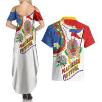 Philippines MassKara Festival Couples Matching Summer Maxi Dress and Hawaiian Shirt Smile Masks with Hawaiian Art Pattern and Tropical Plants
