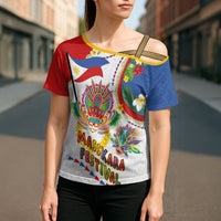 Philippines MassKara Festival Cross Shoulder Shirt Smile Masks with Hawaiian Art Pattern and Tropical Plants