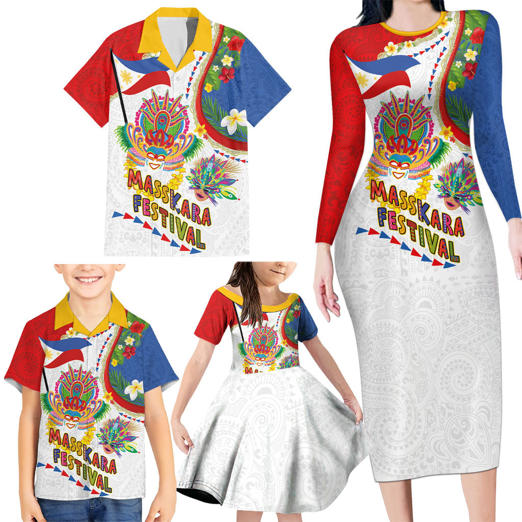 Philippines MassKara Festival Family Matching Long Sleeve Bodycon Dress and Hawaiian Shirt Smile Masks with Hawaiian Art Pattern and Tropical Plants