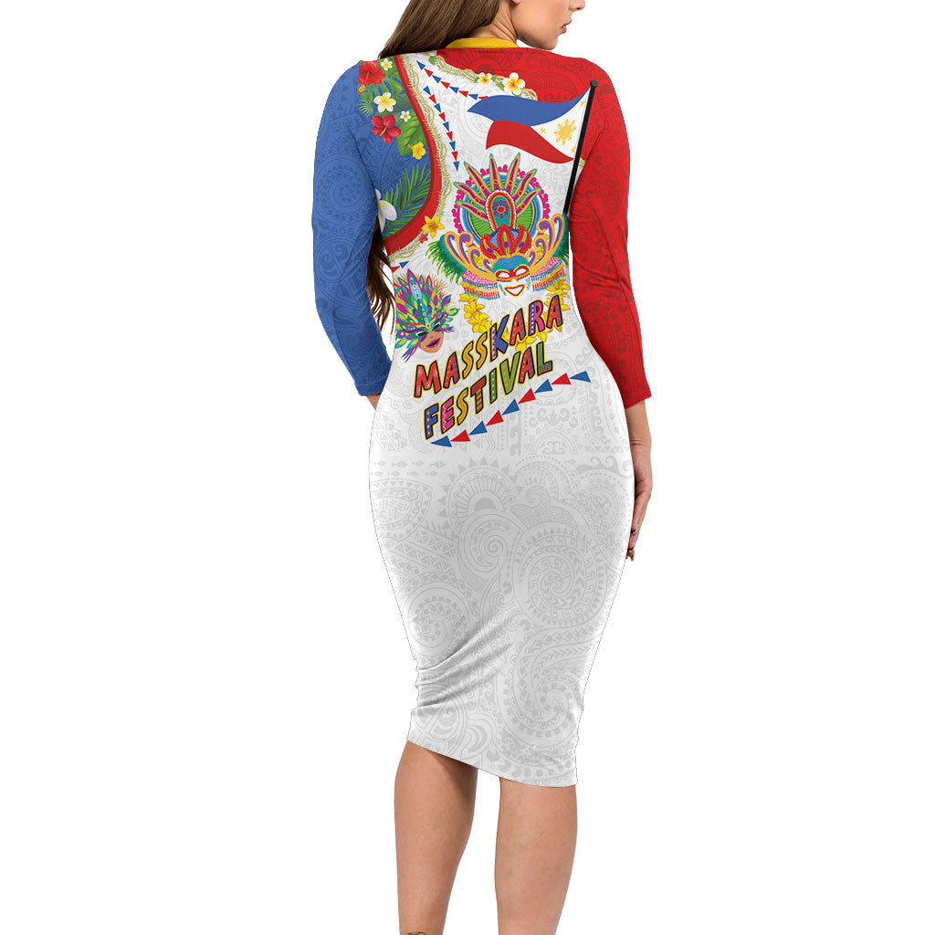 Philippines MassKara Festival Family Matching Long Sleeve Bodycon Dress and Hawaiian Shirt Smile Masks with Hawaiian Art Pattern and Tropical Plants