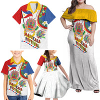 Philippines MassKara Festival Family Matching Off Shoulder Maxi Dress and Hawaiian Shirt Smile Masks with Hawaiian Art Pattern and Tropical Plants