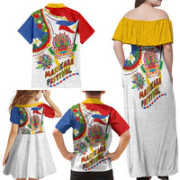 Philippines MassKara Festival Family Matching Off Shoulder Maxi Dress and Hawaiian Shirt Smile Masks with Hawaiian Art Pattern and Tropical Plants