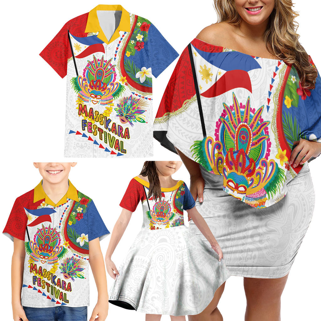 Philippines MassKara Festival Family Matching Off Shoulder Short Dress and Hawaiian Shirt Smile Masks with Hawaiian Art Pattern and Tropical Plants