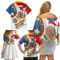 Philippines MassKara Festival Family Matching Off Shoulder Short Dress and Hawaiian Shirt Smile Masks with Hawaiian Art Pattern and Tropical Plants