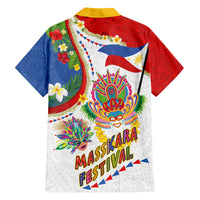 Philippines MassKara Festival Family Matching Off Shoulder Short Dress and Hawaiian Shirt Smile Masks with Hawaiian Art Pattern and Tropical Plants